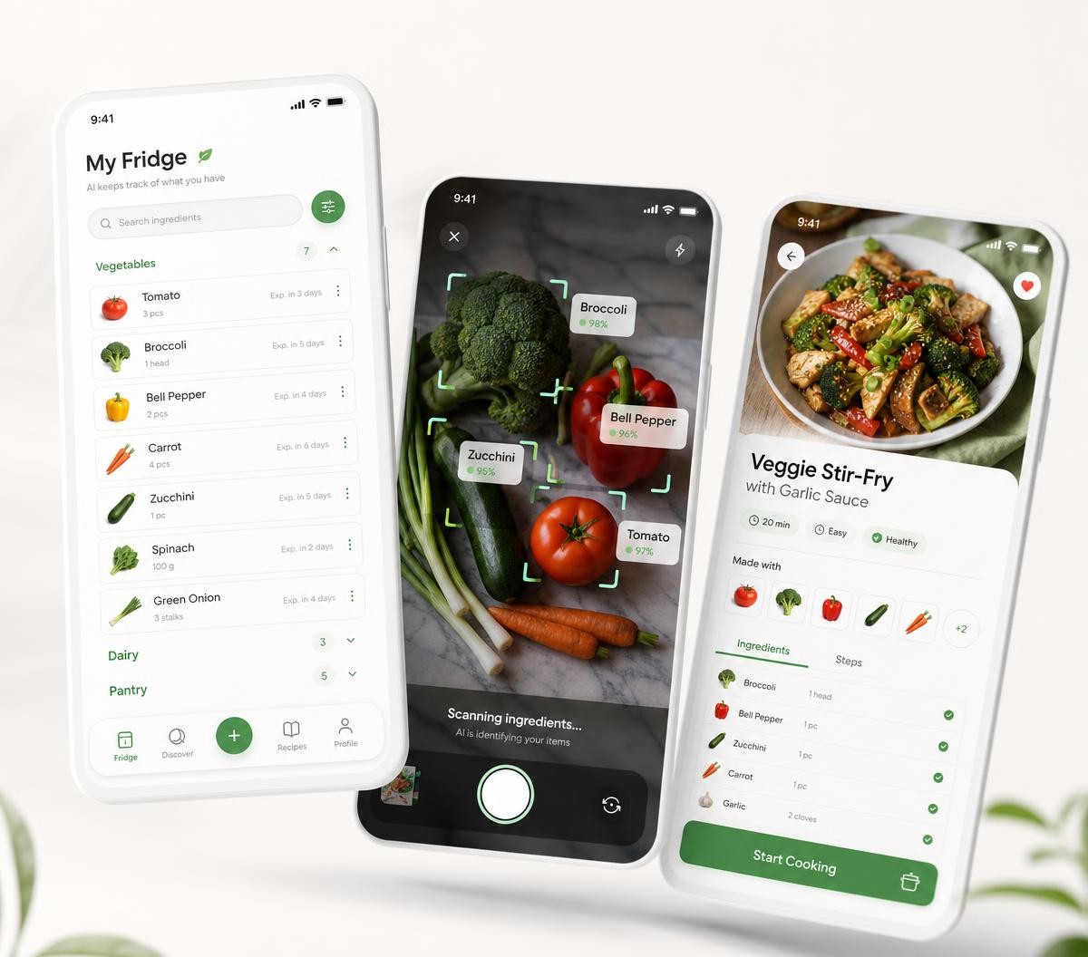 Telas do FridgeChef AI: geladeira, escaneamento por foto e receita gerada por IA